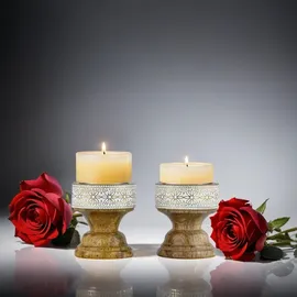 Marrakesch Orient & Mediterran Interior 2er Set Boho Deko Teelichthalter Kerzenständer aus Holz Hamida