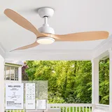 Wellspeed 42-Zoll Deckenventilator mit Beleuchtung Outdoor Leise - Weiß und Hellem Holzfarbton Deckenventilator und Fernbedienung für den Outdoor, für Schlafzimmer und Wohnzimmer