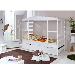 Kinderbett TICAA "Lio", weiß (kiefer massiv weiß gewachst), B:96,6cm, Betten, Hausbett, inkl. Schubkasten und Rollrost