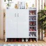 Schuhschrank Hochglanz 2 Türen Schrank Schuhaufbewahrung Organisator mit Verstellbaren 5 Offenen Regalen Schuhständer Regal Holz Sideboard Einheit Weiß