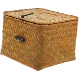VINTORKY Quadratischer Korb mit Handwerkskunst und Praktischem Design Aufbewahrung mit Deckel aus Stroh Dekorative Aufbewahrungsbox für Zuhause