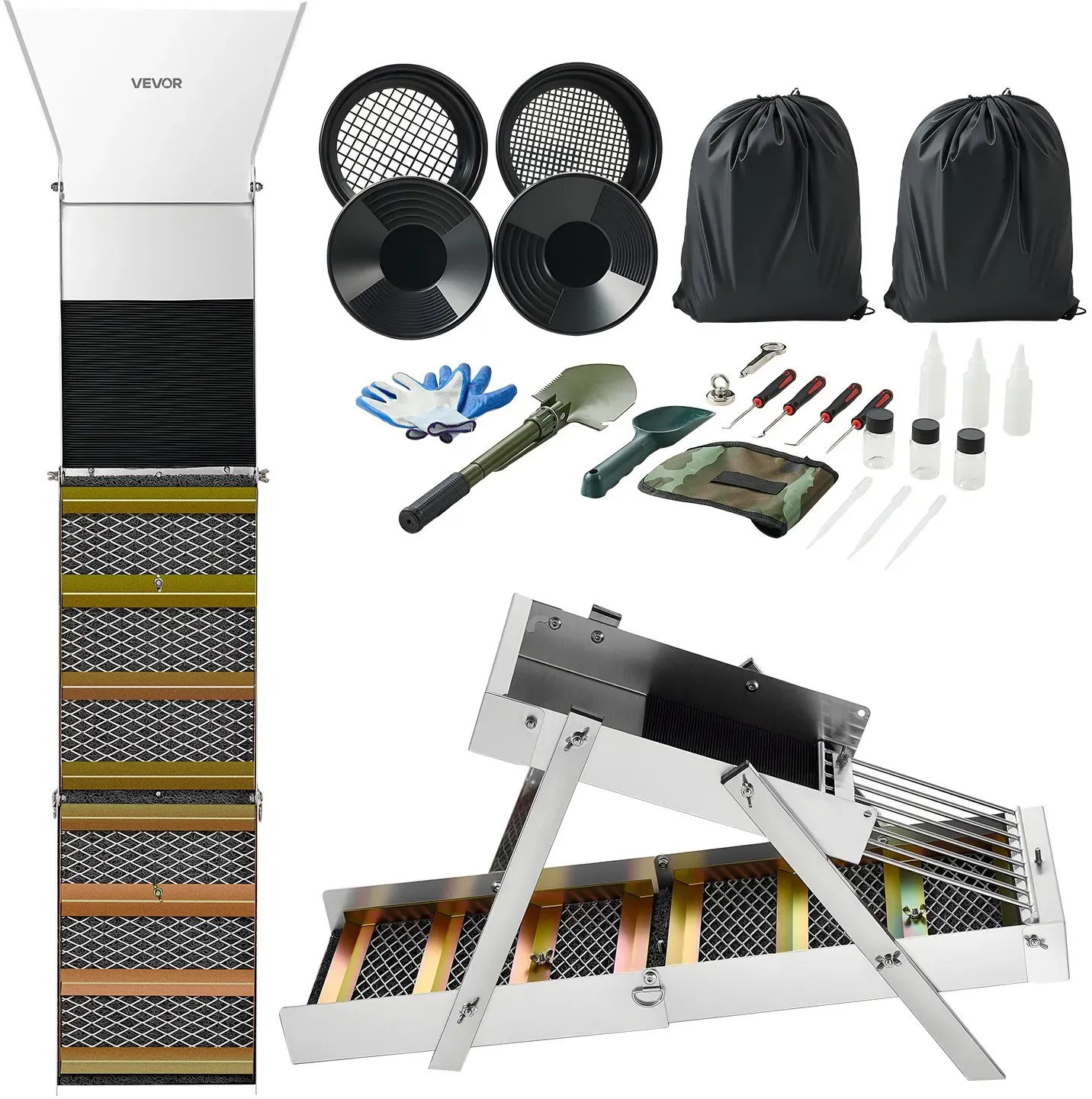VEVOR Highbanker Goldwaschset 127 cm (50 Zoll), 3-in-1 Faltbare Goldwaschrinne aus Aluminiumlegierung, 26-tlg. Tragbares Prospektionsset mit Goldwaschpfannen, Klassiersieb, Magnet, Rucksack, Zubehör