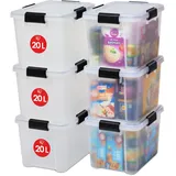 Iris Ohyama Luftdichte Kunststoff-Aufbewahrungsboxen mit Deckel, 20L, 6er-Set, Transparent, Hermetischer wasserdichter Verschluss, Robuste