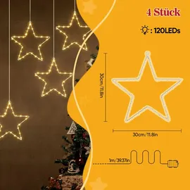 salcar 4 Stück 120 LED Stern Fenster Deko, Weihnachten Stern Batterie Beleuchtet Hängende 8 Modi mit Timer, & Speicher Warmweiß