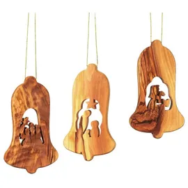 Kassis Geschenkartikel Olivenholz Weihnachtsdeko Baumschmuck 3er Set Krippe Anhänger Heilige Familie Hirte und DREI Könige mit Rinde handgemacht in Bethlehem 11,5 cm (Glocke ohne Rinde)