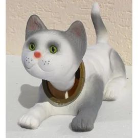 RAKSO Wackel Figur Katze hell grau Wackelfigur H 15 cm groß liegend Dekofigur mit Wackelkopf Gartendeko Gartenskulptur