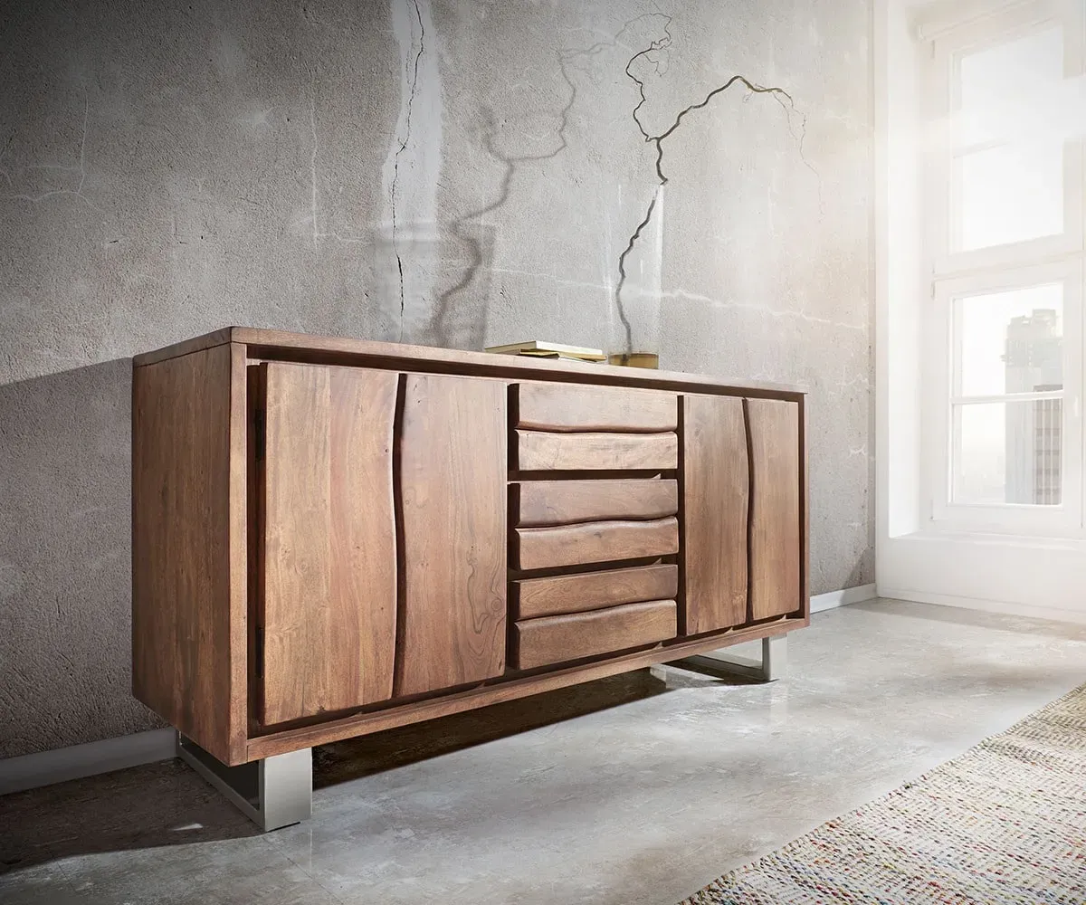 DELIFE Commode Live-Edge 147 cm acacia marron 3 tiroirs 2 portes, Buffets, Baumkantenmöbel, Massivholzmöbel, Massivholz