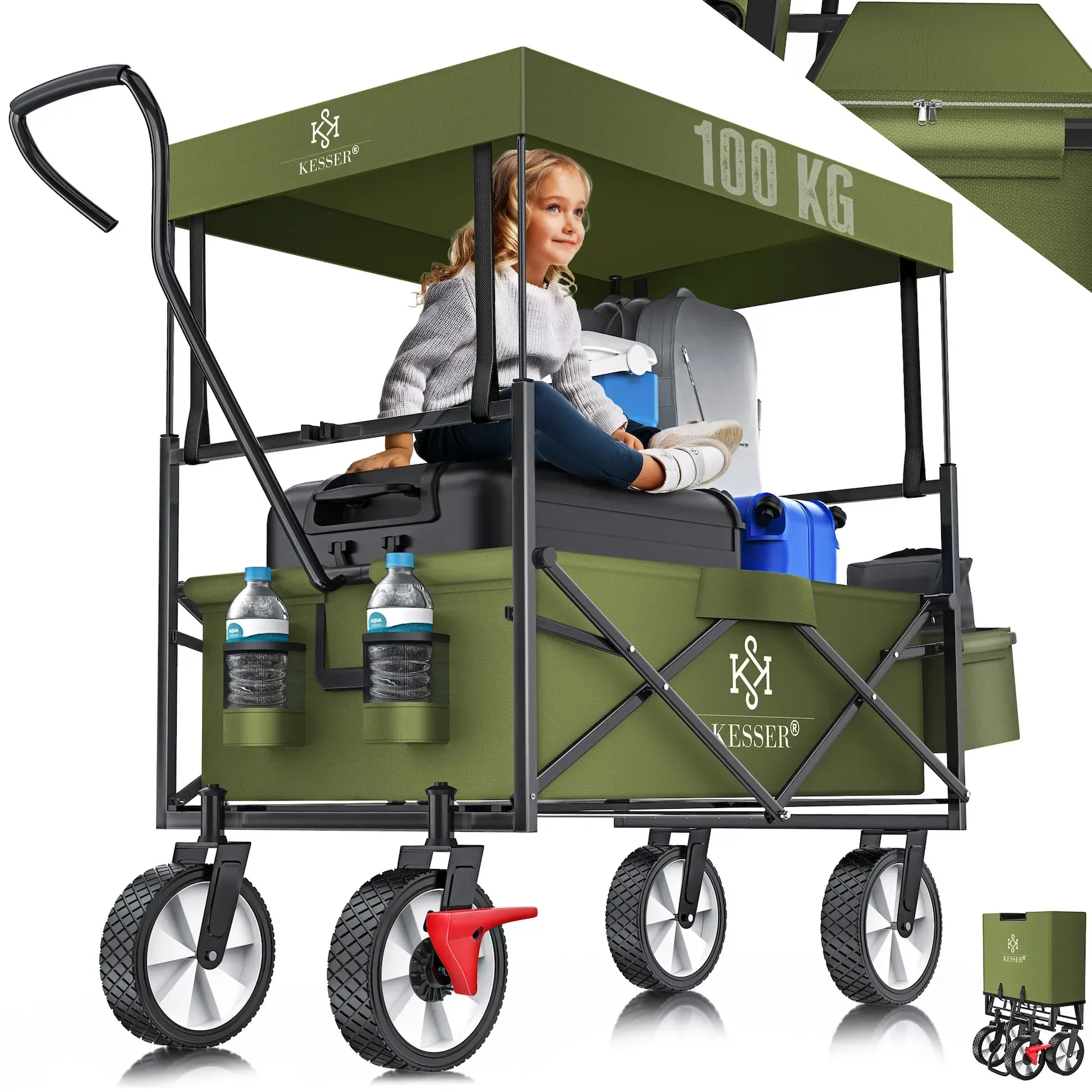 KESSER® Bollerwagen faltbar mit Dach Handwagen Transportkarre Gerätewagen   inkl. 2 Netztaschen und Einer Außentasche   klappbar   Vollgummi-Reifen   bis 100 kg Tragkraft   Mit Vorderrad-Bremse