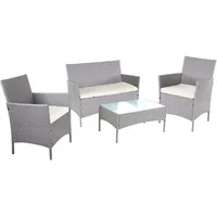Mendler 2-1-1 Poly-Rattan Garten-Garnitur Halden, Sitzgruppe Lounge-Set Sofa grau, Kissen creme