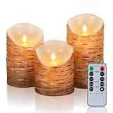 Homemory Birke Flammenlose Kerzen, Wachs Flackernde Flamme LED Säulenkerzen, Batteriebetriebene Kerzen mit Timer und Fernbedienung, 3er-Set