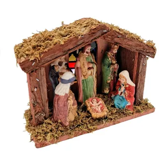 Spetebo Krippe Holz Weihnachtskrippe mit LED Beleuchtung - 20 cm (1-tlg), mit LED Beleuchtung bunt