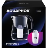 AQUAPHOR Wasserfilter Provence schwarz inkl. 1 A5 Filterkartusche - Premium-Wasserfilter in Glasoptik zur Reduzierung von Kalk, Chlor & weiteren Stoffen, Volumen 4,2 l