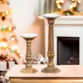 Marrakesch Orient & Mediterran Interior 2er Set Kerzenständer Doni - Handgefertigte Holz-Kerzenhalter Natur