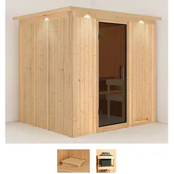 Sauna KARIBU "Dima", beige (naturbelassen), ohne Ofen, (ohne Ofen), Saunen, ohne Ofen