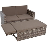 ESTEXO Polyrattan Sitzgruppe Essgruppe Gartenmöbel Set Gartensofa Rattan Sofa mit Hocker ausklappbar Sofa-Set Rattan-Couch Sitzgruppe Lounge Set Ottomane (Beige-Braun)