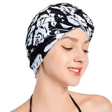 SUNTRADE Frauen Damen Mädchen Badekappe Lange Kurze Haare Badekappe Plissee Knoten Turban Hüte Nicht Wasserdicht Badekappe (Schwarz-Rose)