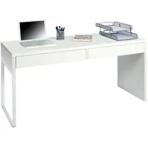 Dmora Schreibtisch Dfattor, Wendbarer Bürotisch, Pc-halter Studiertisch mit 2 Schubladen, 138x50h75 cm, Glänzend Weiß - Weiß