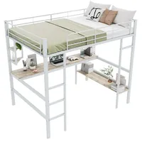 Rutaqian Hochbett Bettgestell mit Schreibtisch,4 Kleinen Regalen,1 Großen Bücherregal (Moderne Hochbett für Hausaufgaben,Schreiben,Zeichnen und andere Aktivitäten, Metallbett für Kinder, Jugendliche und Erwachsene(ohne Matratze) weiß