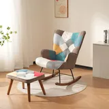 MODFU Schaukelstuhl Patchwork Sessel mit Fußstütze , Schwingsessel Relaxstuhl Sessel mit Rückenlehne Wohnzimmer Polstersessel Schaukelsessel, Braun - Braun