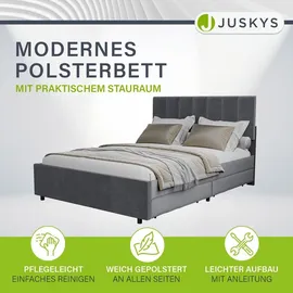 Juskys Samt Polsterbett Soria 140x200 cm mit Lattenrost & Schubladen - modernes Bett Grau