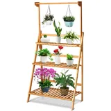 GOPLUS 3 Etagen Blumenleiter klappbar, Blumentreppe mit höhverstellbarer Hängestange, Blumenregal Bambus, Pflanzenständer Blumenständer Pflanzentreppe für Balkon & Garten