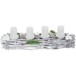 Mendler Adventskranz länglich, Weihnachtsdeko Adventsgesteck, Holz 60x16x9cm weiß-grau ~ mit Kerzen, weiß