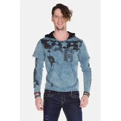 Kapuzensweatshirt CIPO & BAXX "Sweatshirts", Herren, Gr. L, blau (indigo), 100% Baumwolle, bedruckt, casual, slim fit normal, Rundhals, Langarm, Sweatshirts, im Lagenlook, CL-279