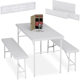 Relaxdays Bierzeltgarnitur klappbar, 3-TLG. Bierbank Set mit großem Tisch, Garten, Festzeltgarnitur, Rattanoptik, weiß