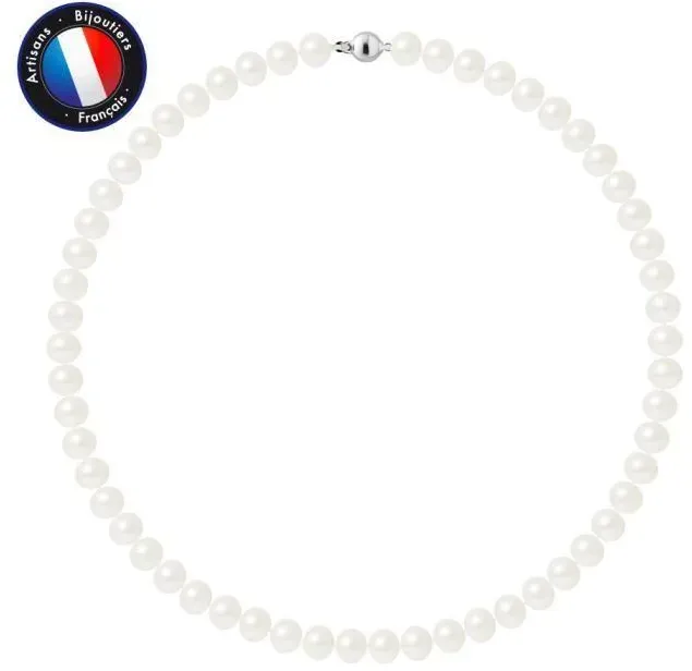 PERLINEA - AAA+ Semi-Round Freshwater Cultured Pearl Necklace 8-9 mm White - 925 Sterling Silver Ball Clasp - Women's Jewelry