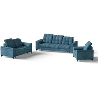 Beautysofa Polstergarnitur Snap, (mit Schlaffunktion, Bettkasten, verstellbare Kopfstützen, 3-Sitzer + 2-Sitzer + Sessel), stilvoll Polsterset mit schwarze Metallbeine aus Velvetstoff blau