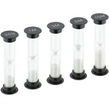 Relaxdays Sanduhren Set 5-teilig Kurzzeituhr 30 Sek 1/3/5/10 Min h x d: 9 x 2,5 cm Sand Kinder schwarz/weiß