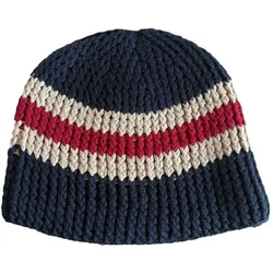 Stylische Häkel-Mütze Winter-Mütze weiche Strick-Mütze mit Streifen Baumwoll-Mütze 7314GUY Navy/Weiß/Rot - One-Size