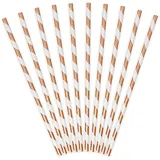 partydeco Trinkhalme, Papierstrohhalme diagonal gestreift 19cm roségold weiß 10er Set rosa|weiß