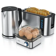 Arendo 3-teiliges Frühstücksset, Wasserkocher 1,5L, Langschlitz Toaster 4-Scheiben , 8er Eierkocher, Silber