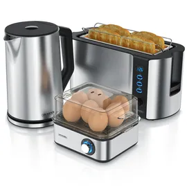 Arendo 3-teiliges Frühstücksset, Wasserkocher 1,5L, Langschlitz Toaster 4-Scheiben , 8er Eierkocher, Silber
