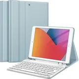 Fintie Tastatur Hülle für iPad 10.2 Zoll (9/8/ 7 Generation - 2021/2020/2019), Schutzhülle mit TPU Rückschale, Pencil Halter und magnetisch Abnehmbarer Tastatur mit QWERTZ Layout, Eisblau