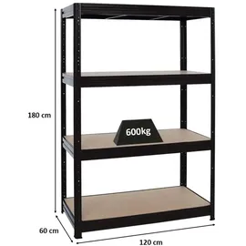 Proregal Schwerlastregal Dino HxBxT 180x120x60cm Fachlast 600kg Schwarz,