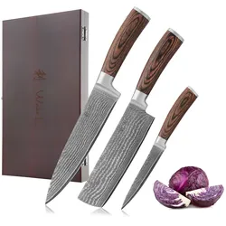 3er Damastmesser Set | Chefmesser, Nakirimesser & Allzweckmesser | 67 Lagen Damaststahl mit VG10 Kern | Scharfe Küchenmesser mit Pakkaholzgriff in Holzbox | Präzise Profi-Kochmesser