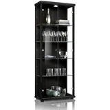 K-Möbel Glasvitrine Schwarz Glas, 4 höhenverstellbaren Glasböden - LED - Standvitrine - Vitrinenschrank - Sammlervitrine - Schwarz