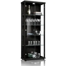 K-Möbel Glasvitrine Schwarz Glas, 4 höhenverstellbaren Glasböden - LED - Standvitrine - Vitrinenschrank - Sammlervitrine - Schwarz