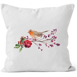 Autiga Dekokissen Kissenbezug Vogel Rotkehlchen Blumen Misteln Watercolor Bird Weihnachten Christmas Autiga® weiß