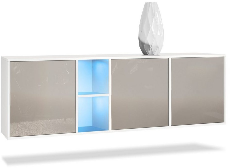 Vladon Sideboard Cuba (Kommode, mit 3 Türen und 2 offene Fächer), Weiß matt/Sandgrau Hochglanz inkl. LED-Beleuchtung (182 x 53 x 35 cm) grau