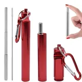 Hoshen 2er-Pack wiederverwendbare Edelstahl-Trinkhalme, 3-Segment-Teleskop-Metall-Trinkhalme mit Korkenzieher-Funktion, inklusive Bürste und Karabiner (Gehäuse aus verdicktem Aluminiumlegierung) – rot