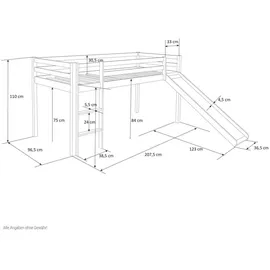 Homestyle4u Hochbett 90x200 mit Vorhang Lattenrost und Rutsche in Weiß Blau, Holz Kiefer Turm Tunnel Rutsc