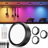 Vloee RGB LED Spot Akku mit Fernbedienung, 2400mAh USB Aufladbar Vitrinenbeleuchtung Kabellos Unterbauleuchte Küche LED Rund Farbwechsel Schrankleuchte Magnetisch Regalbeleuchtung Batterie Klebelicht