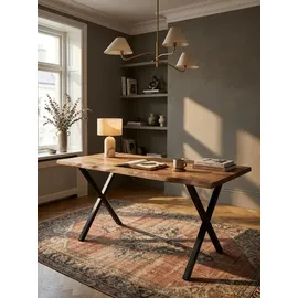 KADIMA DESIGN Bürotisch Massivholz Groß 160x80 Akazie Schreibtisch Goldbraun-Schwarz Baumkante Industrial Kreta Kollektion Kadima Design