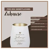 der-porzellan-laden Windlicht mit Gravur Das schönste an Zuhause, Weiß Gold, Teelichthalter aus Glas mit Spruch, Tischdeko modern