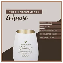 der-porzellan-laden Windlicht mit Gravur Das schönste an Zuhause, Weiß Gold, Teelichthalter aus Glas mit Spruch, Tischdeko modern