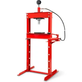 Eberth Hydraulikpresse 12T mit Manometer, 6-fach verstellbar, Arbeitshöhe 910 mm, Arbeitsbreite 513 mm, Gesamthöhe 1610 mm, 2 Auflagebacken, rot