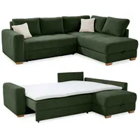 Dauerschlaf-Ecksofa Boxspring Federkern-Couch Topper Bettkasten in Cord Grün